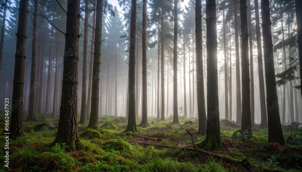 Obraz premium Misty Forest with Sunlight Streaming Through Trees