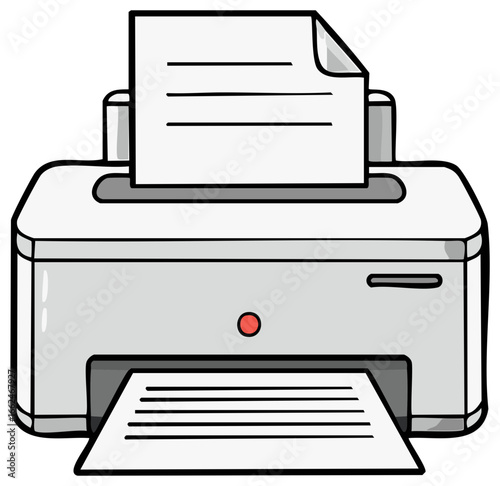 Office printer prints document with text lines illustration office equipment cartoon style