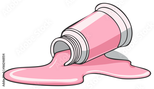 Pink liquid spilling from a container. Illustration of a tipped over jar spilling paint.
