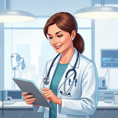 A smiling female doctor, wearing a stethoscope, examines a tablet in a bright medical office.