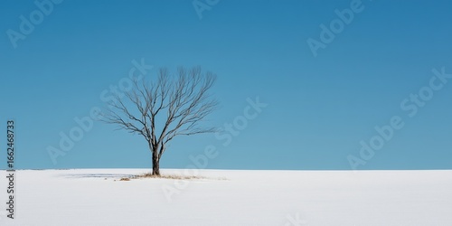Minimalist winter landscape featuring a single bare tree with thin black branches in a vast white snowfield, 80% pale blue sky, off-center composition, high contrast, clean scene