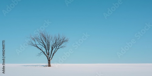 Minimalist winter landscape featuring a single bare tree with thin black branches in a vast white snowfield, 80% pale blue sky, off-center composition, high contrast, clean scene