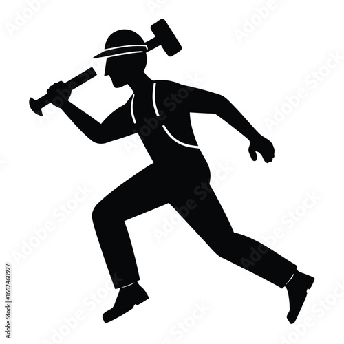 Black silhouette of a worker with a hammer white