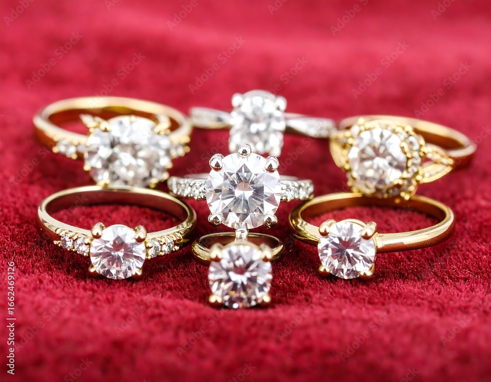 Obraz premium Elegant diamond rings on red fabric