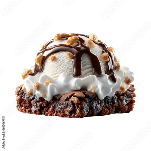 Decadent brownie sundae with vanilla ice cream, whipped cream, and nuts