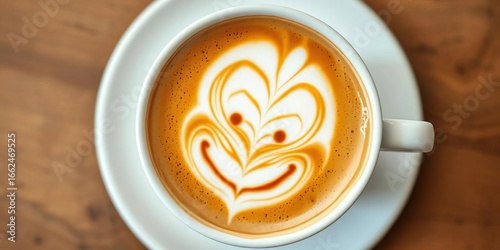 Overhead view of a white cup filled with latte art; a happy smiling face,  energy,  white cup