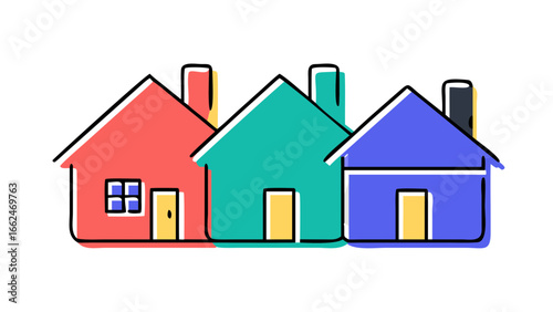 Three colorful simple cartoon houses lined up side by side with chimneys against a black background