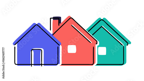 Three stylized colorful houses in blue coral and teal with simple windows and a chimney against a black background