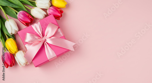 Mother's Day decorations concept. Top view photo of trendy gift boxes with ribbon bows and tulips on isolated pastel pink background with copyspace