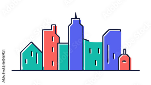 Colorful hand drawn cartoon style cityscape with various buildings and skyscrapers against a black background