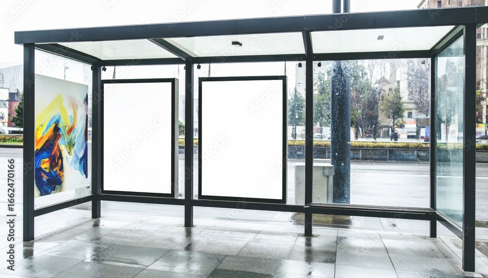 Fototapeta premium Modern Bus Shelter with Dual Blank Billboards for Mockups on a Rainy Urban Street.