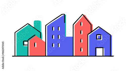 Colorful abstract flat design buildings and houses with a simple doodle style against a black background