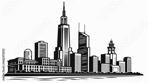 A striking black and white graphic illustration of a modern city skyline featuring diverse architectural styles and towering skyscrapers