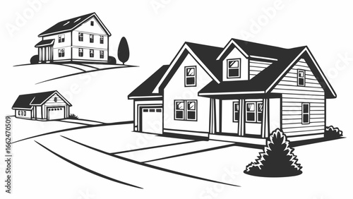 Black and white illustration of a suburban neighborhood featuring a large two story house a modern family home with a garage and a detached garage