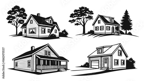 Collection of four distinct black and white silhouette style houses with trees and landscaping elements