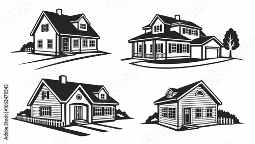 Collection of four distinct black and white vector illustrations of charming residential houses with architectural details and surrounding elements