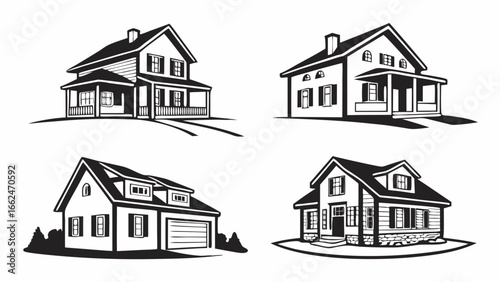 Collection of stylized black and white vector illustrations of four different detached residential houses with architectural details
