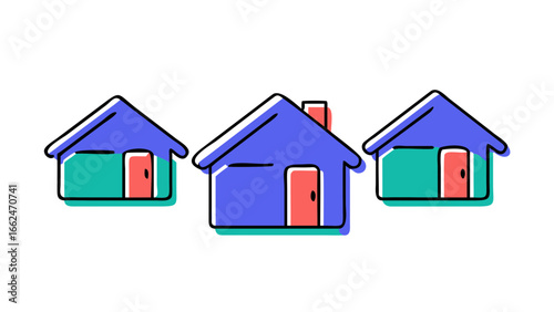 Three simple cartoon houses with blue roofs and red doors against a stark black background representing housing