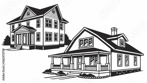Two distinct black and white illustrations of american style houses featuring porches and multiple windows