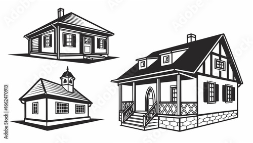 Collection of three distinct black and white architectural house illustrations featuring traditional design elements and stylized details