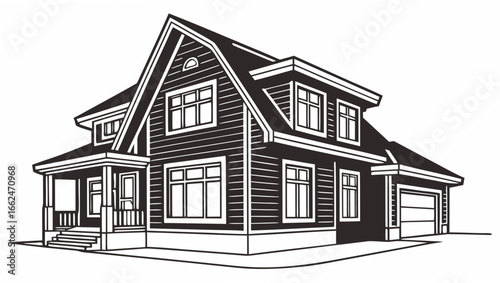 Detailed black and white illustration of a modern two story residential house with a porch and garage