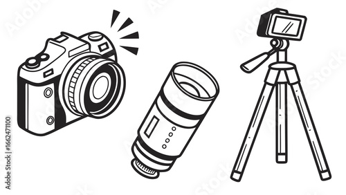 A black and white illustration of a dslr camera with a flash a telephoto lens and a tripod with a small camera mounted on it