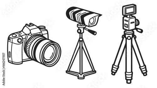 A clean line art illustration showcasing three distinct photography and videography devices including a dslr camera a security camera and a video camera on tripods