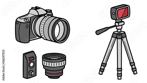 A collection of modern photography and videography equipment including a dslr camera with lens a separate lens and a tripod with a small screen