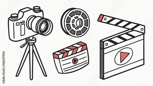 A collection of stylized movie production icons including a camera on a tripod a film reel and two clapperboards with a play button