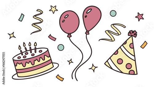 A delightful collection of birthday party elements including a cake with candles balloons confetti streamers and a party hat