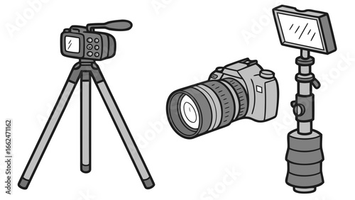 A professional video camera on a tripod a dslr camera with a large lens and a reflective light panel on a stand