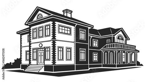 Detailed black and white illustration of a classic two story residential house with a prominent front porch and balcony