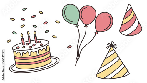 Festive birthday celebration elements including a frosted cake with candles balloons and party hats scattered with confetti