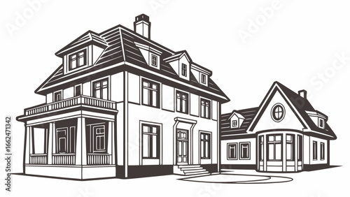 Detailed black and white illustration of a large classic two story house with a porch and a smaller attached building