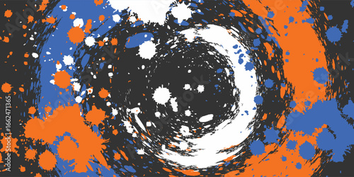 Dynamic circular frame of abstract paint strokes and splatters.