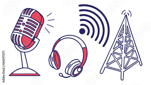 Retro microphone and headphones with radio tower broadcasting signals representing audio transmission and communication concepts