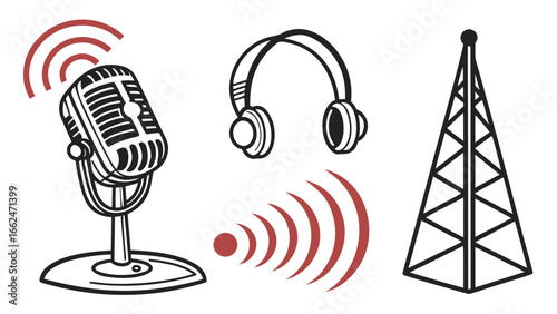 Retro microphone with sound waves headphones and radio tower symbolizing broadcast and communication concepts