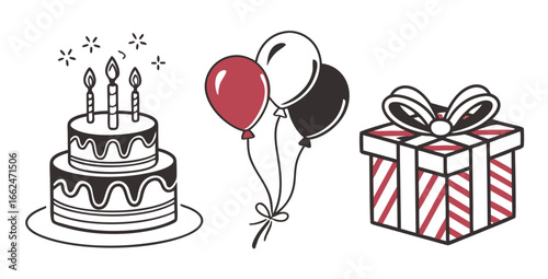 A festive illustration featuring a tiered birthday cake with candles a cluster of red black and white balloons and a striped gift box with a bow