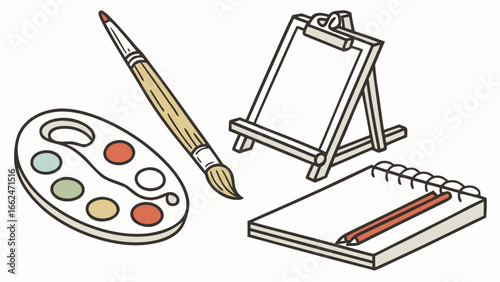 Artistic tools including a paint palette with colorful paints a paintbrush a small easel and a sketchbook with pencils