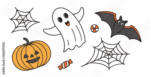 Cute halloween illustration featuring a friendly ghost jack o lantern bat spiderwebs and candy on a white background