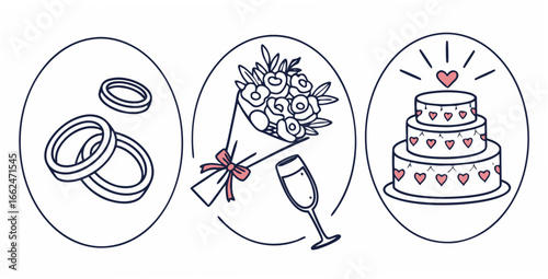 Elegant wedding icons featuring rings bouquet champagne and a tiered cake with hearts symbolizing love and celebration