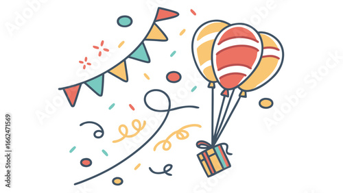Festive celebration with balloons gift box bunting flags and confetti for birthday parties and special occasions