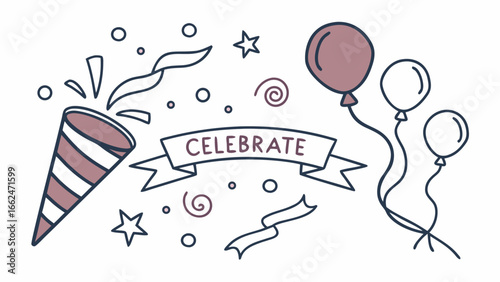 Hand drawn illustration of a party popper balloons confetti stars and a banner with the word celebrate for festive occasions