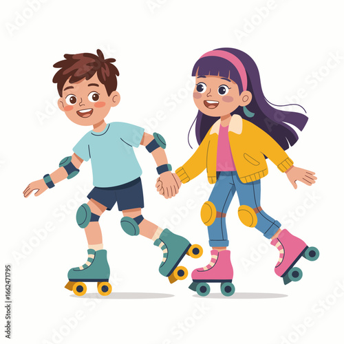 Kids Roller Skating Cartoon Illustration of Boy and Girl Having Fun