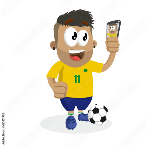 Happy Soccer Player Mascot Taking Selfie with Smartphone Celebrating Goal or Victory for Social Media Engagement