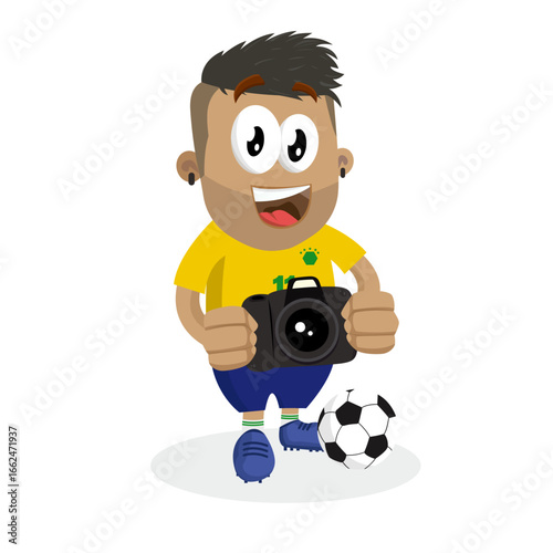 Soccer Player Mascot Holding Professional Digital Camera Capturing Sport Moments and Photography Hobby Concept Illustration