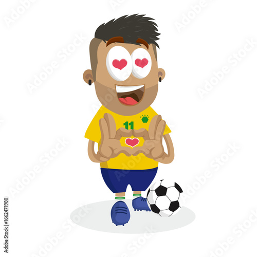 Cute Soccer Player Mascot With Heart Eyes And Yellow Jersey Expressing Love For Football