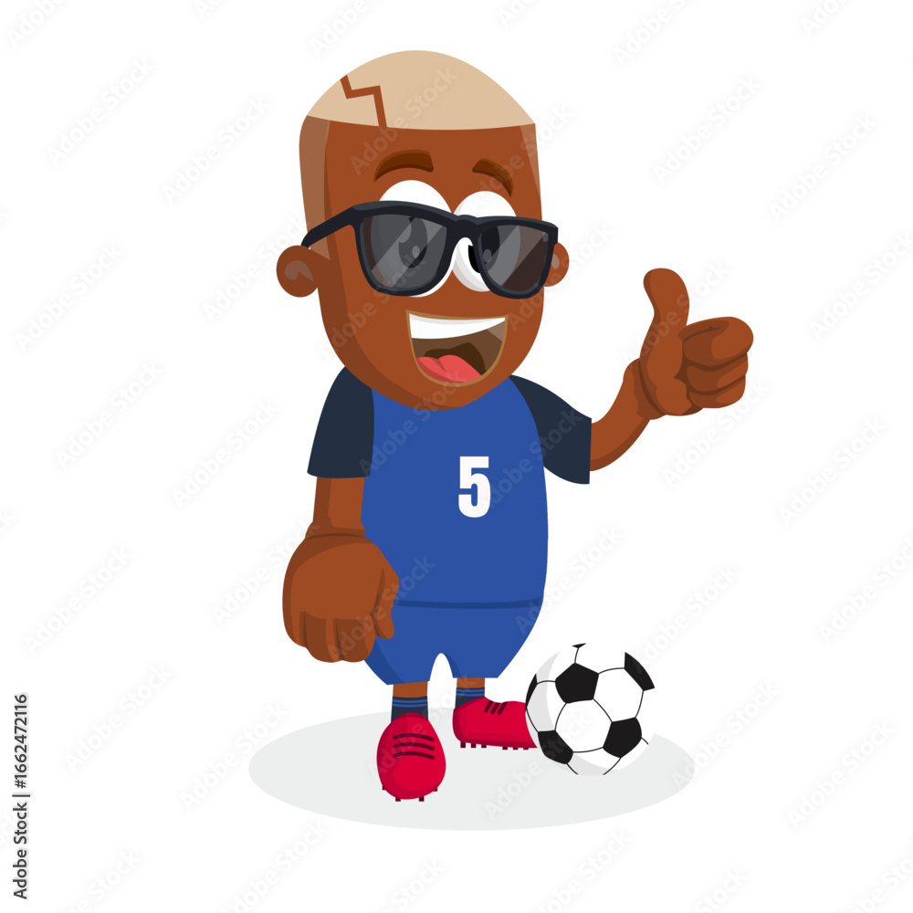 Fototapeta premium Cool Soccer Player Mascot Wearing Dark Sunglasses And Thumbs Up Gesture In Blue Uniform