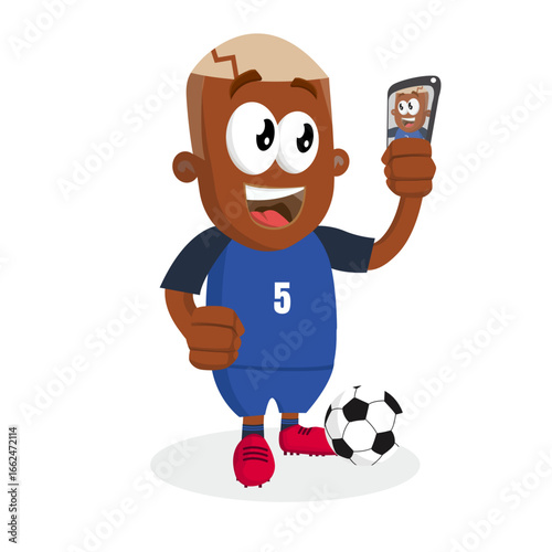 Happy Soccer Player Character Recording Video Blog With Smartphone On Football Pitch