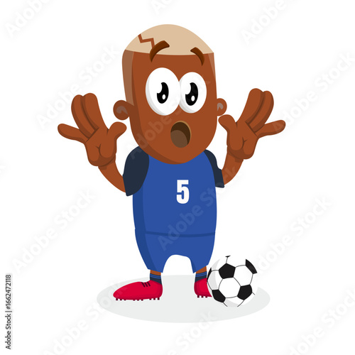 Surprised Soccer Player Mascot Raising Hands With Open Mouth After Unexpected Football Action